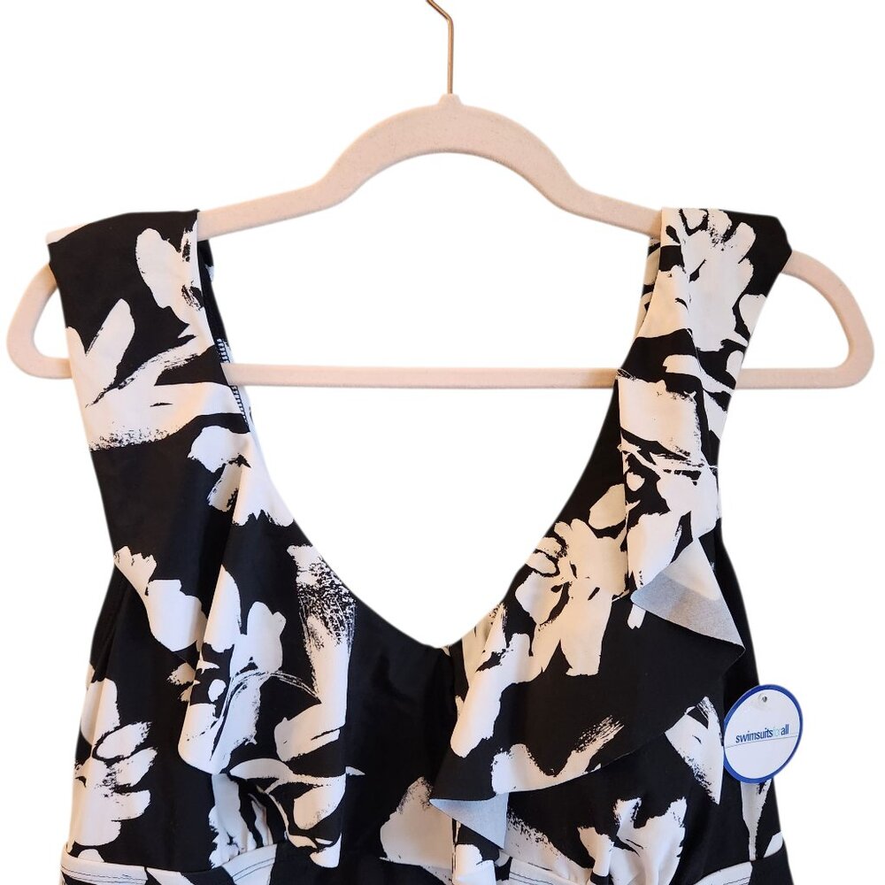 Swimsuits For All 18 Black White Women's Bathing Suit One Piece Dress Floral NEW - Picture 2 of 10